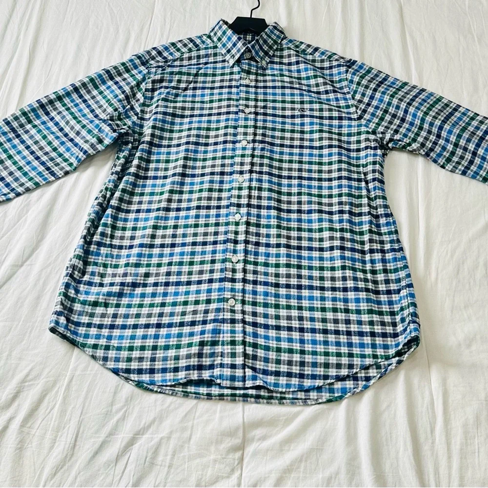 Vineyard Vines Blue and Green Checkered Slim Fit Whale Shirt